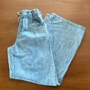 Happily Gray High-Waisted, Drawstring , Wide-Leg Cotton Chambray Pants, Size S